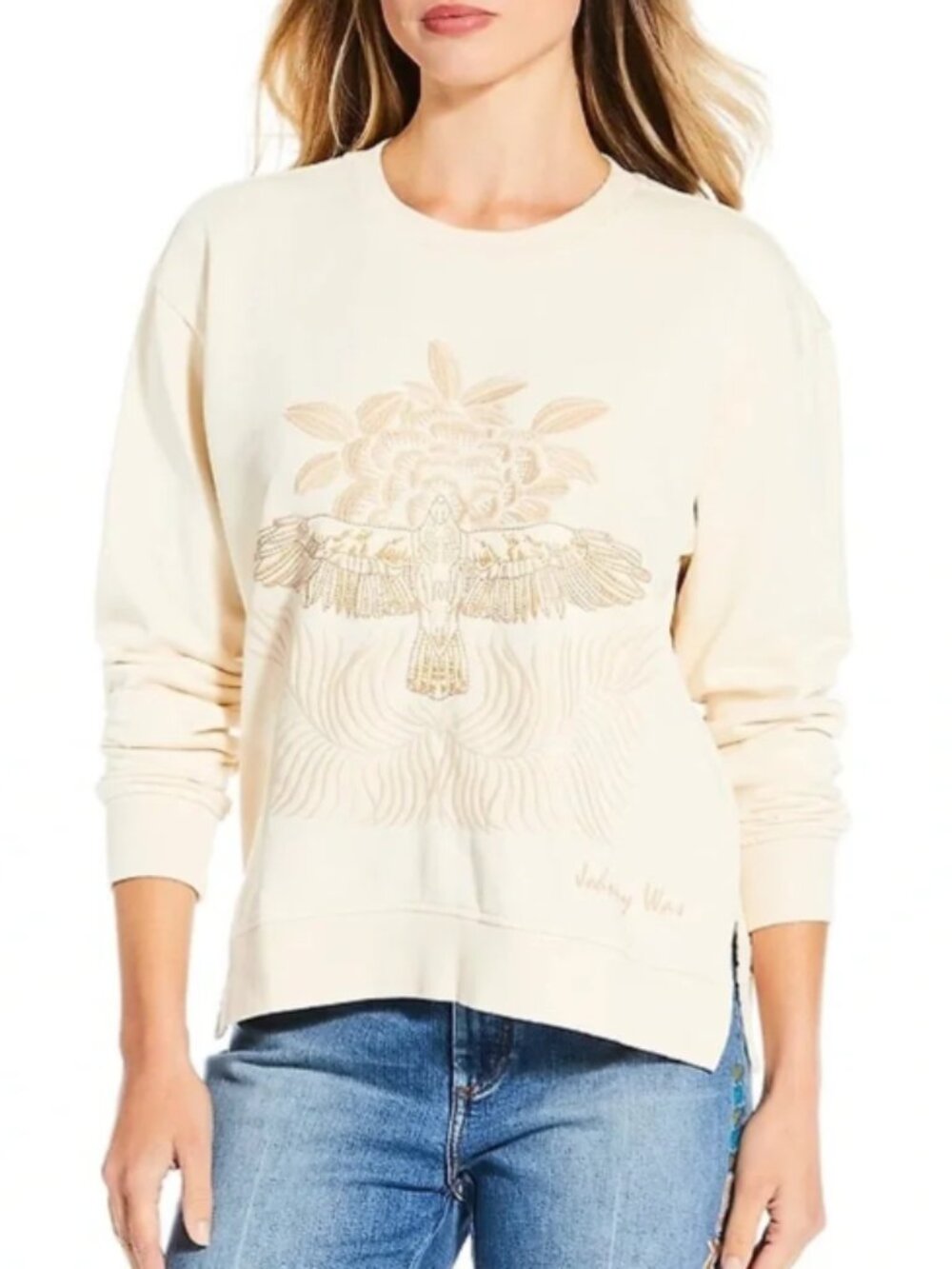 New sz L Johnny Was Shell Ivory Pajaro embroidered sweatshirt top